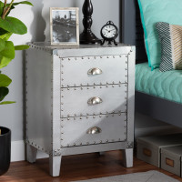 Baxton Studio LD18B056-Silver-NS Claude French Industrial Silver Metal 3-Drawer Nightstand